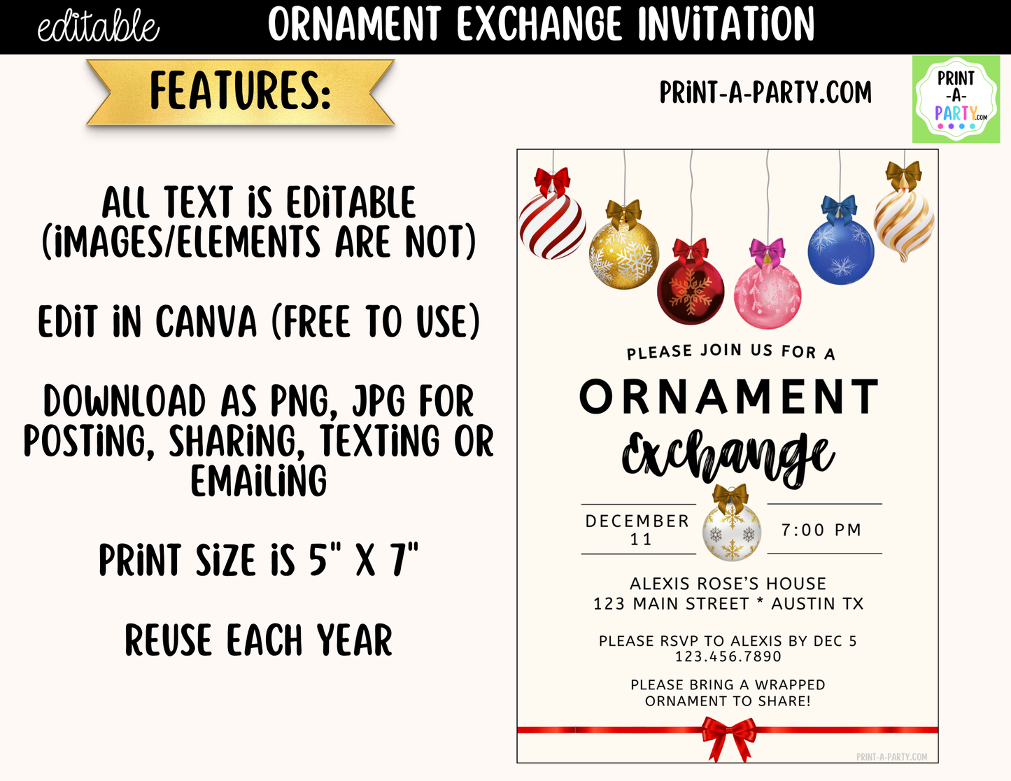 Ornament Exchange Party Invitation | Editable Canva Christmas Holiday Invite
