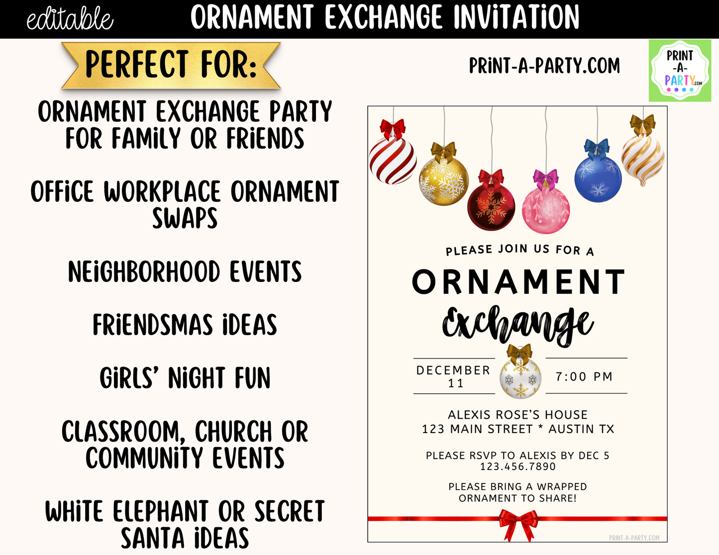 Ornament Exchange Party Invitation | Editable Canva Christmas Holiday Invite