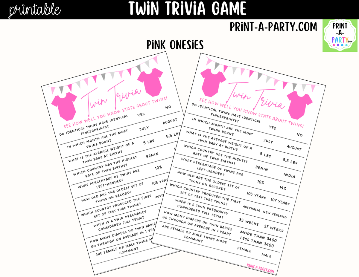 Twin Baby Shower Trivia Game Printable