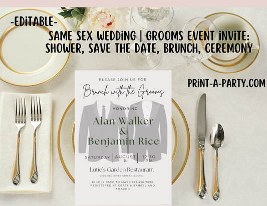 Wedding Event Invitation Template - LGBTQ+ Grooms Shower, Brunch, Save The Date, Bro Bath, Guys Shower, Same-sex wedding