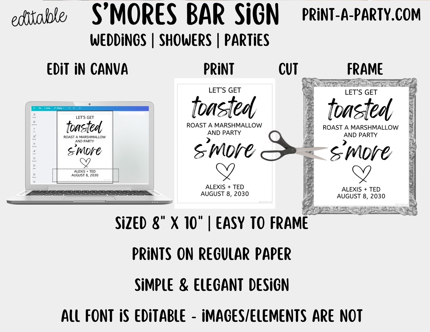 Editable S'Mores Bar Sign (8x10) for Wedding, Shower, Party – Canva Printable Template