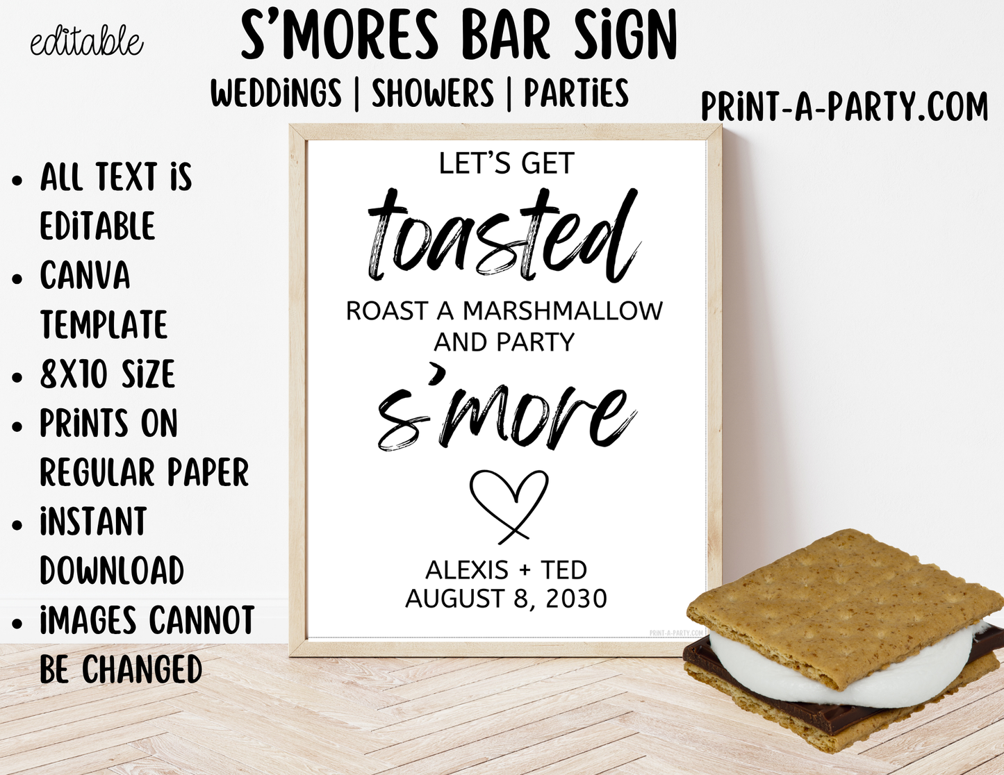 Editable S'Mores Bar Sign (8x10) for Wedding, Shower, Party – Canva Printable Template