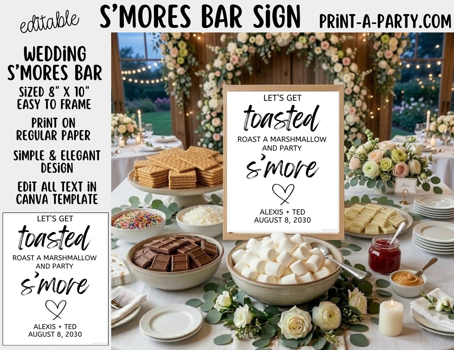 Editable S'Mores Bar Sign (8x10) for Wedding, Shower, Party – Canva Printable Template