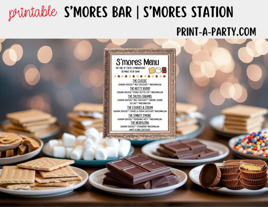 S'MORES BAR Printable - White Sign and Toppings Labels Template - Perfect for Parties, Showers, Birthdays, BBQ, Summer, Camping, Holidays or the Office