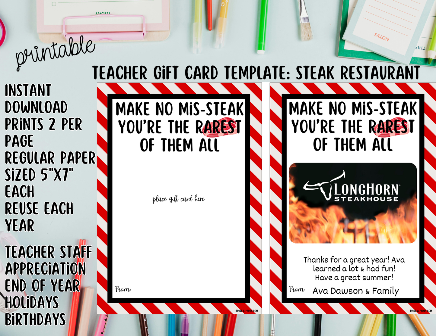 Gift Card Restaurant Templates – Teacher Appreciation Gift Cards for Teacher and Staff Gifts