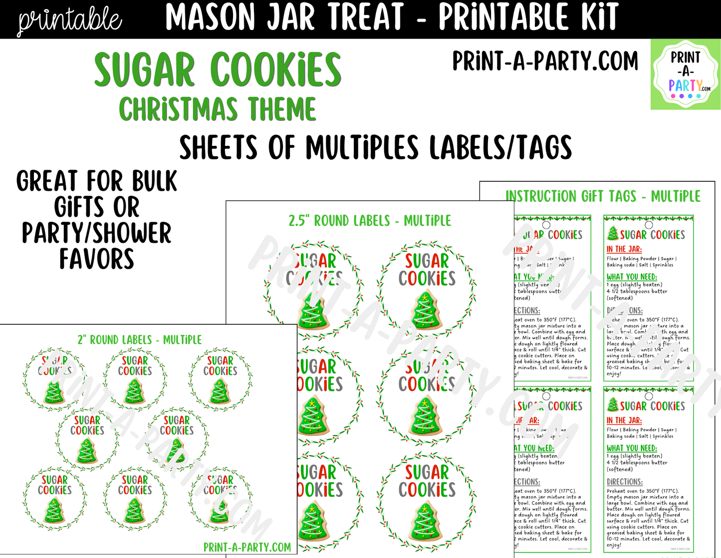 Sugar Cookies (Christmas) in a Mason Jar Gift Printable Kit - Labels, Tag, Recipe & Instructions