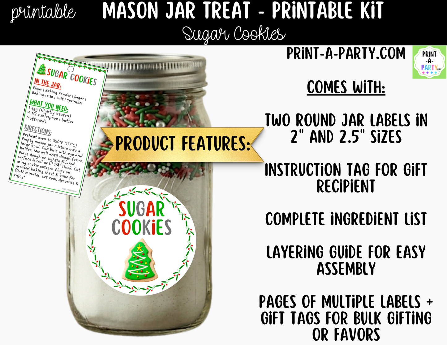 Sugar Cookies (Christmas) in a Mason Jar Gift Printable Kit - Labels, Tag, Recipe & Instructions