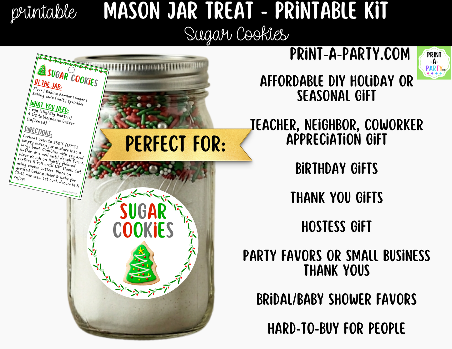 Sugar Cookies (Christmas) in a Mason Jar Gift Printable Kit - Labels, Tag, Recipe & Instructions