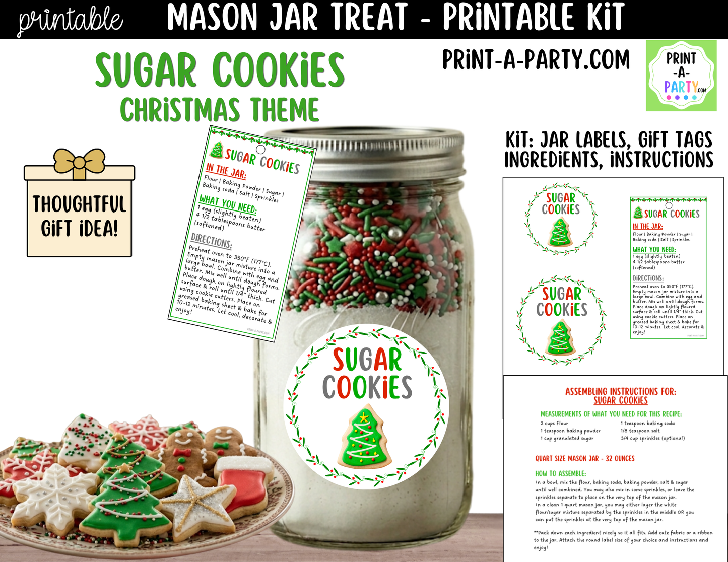 Sugar Cookies (Christmas) in a Mason Jar Gift Printable Kit - Labels, Tag, Recipe & Instructions