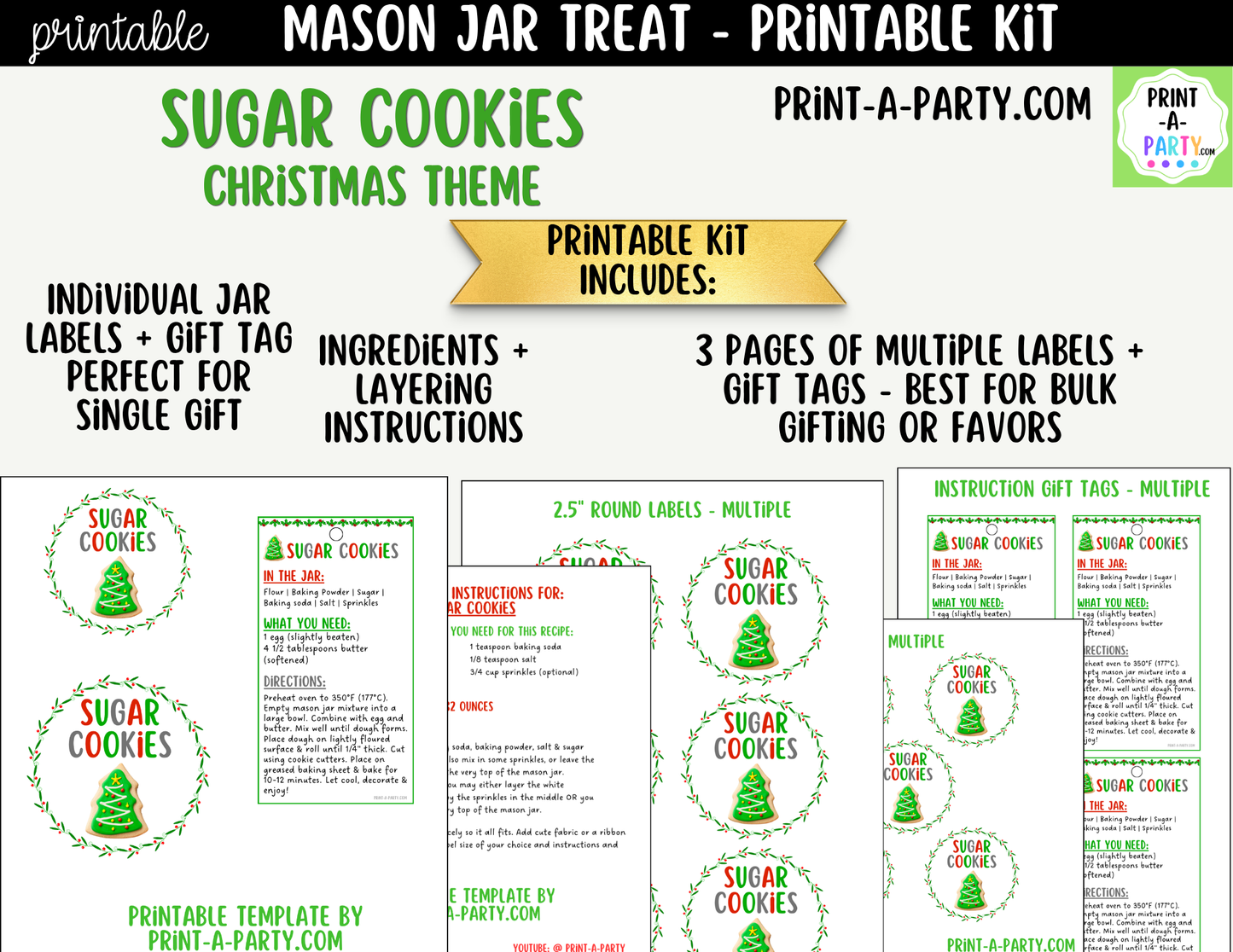 Sugar Cookies (Christmas) in a Mason Jar Gift Printable Kit - Labels, Tag, Recipe & Instructions