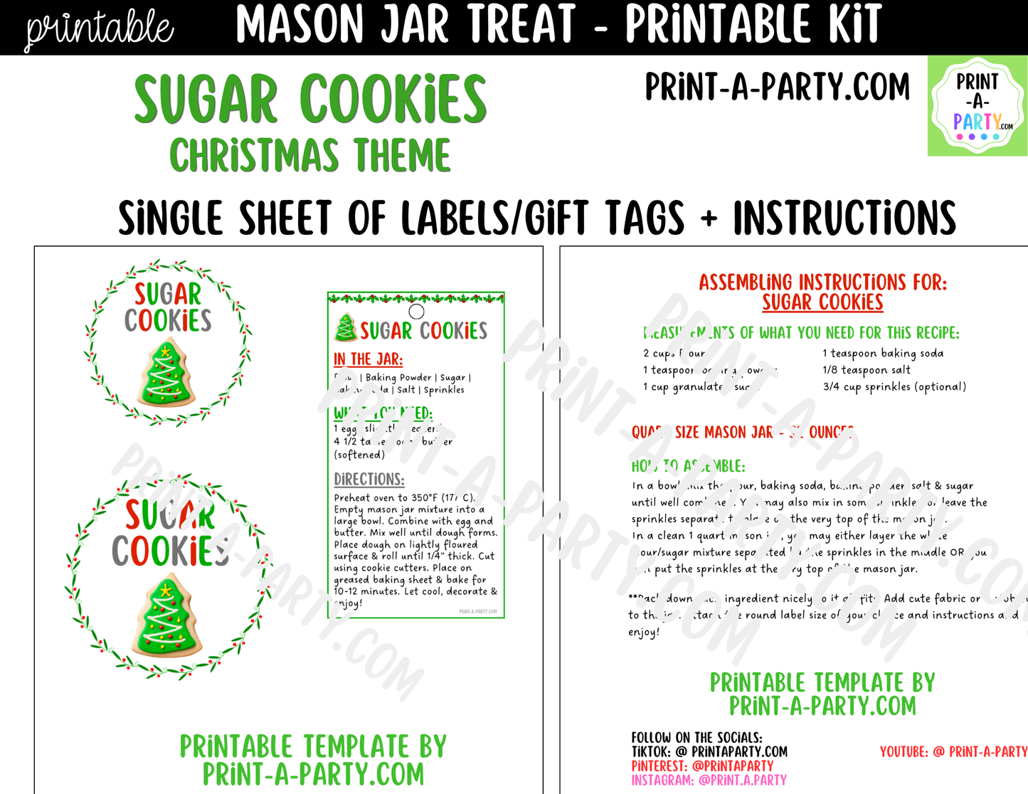 Sugar Cookies (Christmas) in a Mason Jar Gift Printable Kit - Labels, Tag, Recipe & Instructions