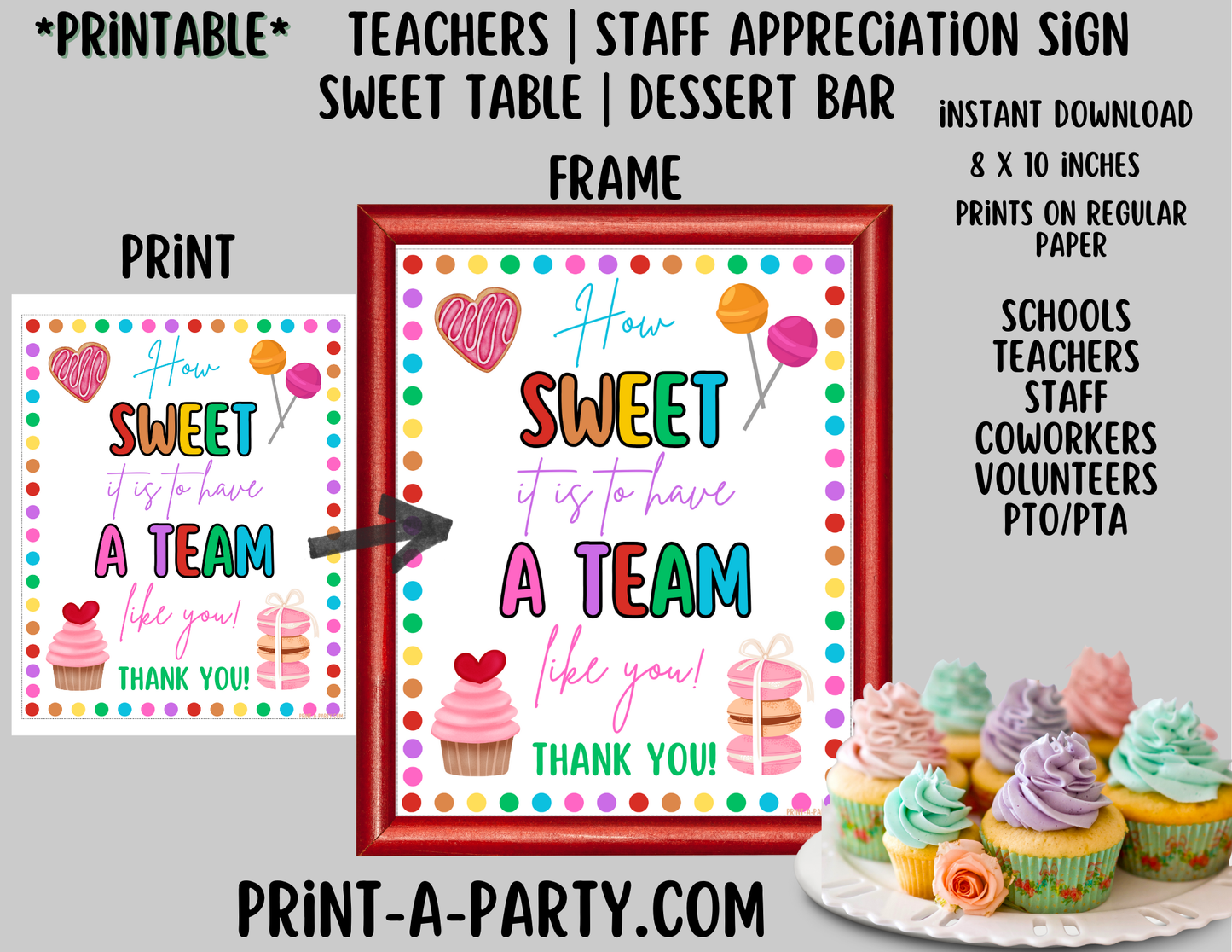 Appreciation Sign: Sweet Team Teacher Staff Appreciation Sign | Printable 8x10 Dessert Table Decor