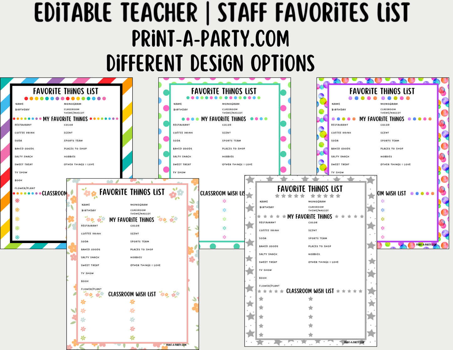 Teacher Staff Editable Favorite Things List – Questionnaire + Wishlist Form for Back to School & Appreciation