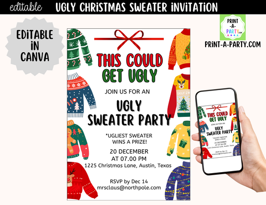 Ugly Christmas Sweater Party Invitation | Editable Canva Holiday Party Invite