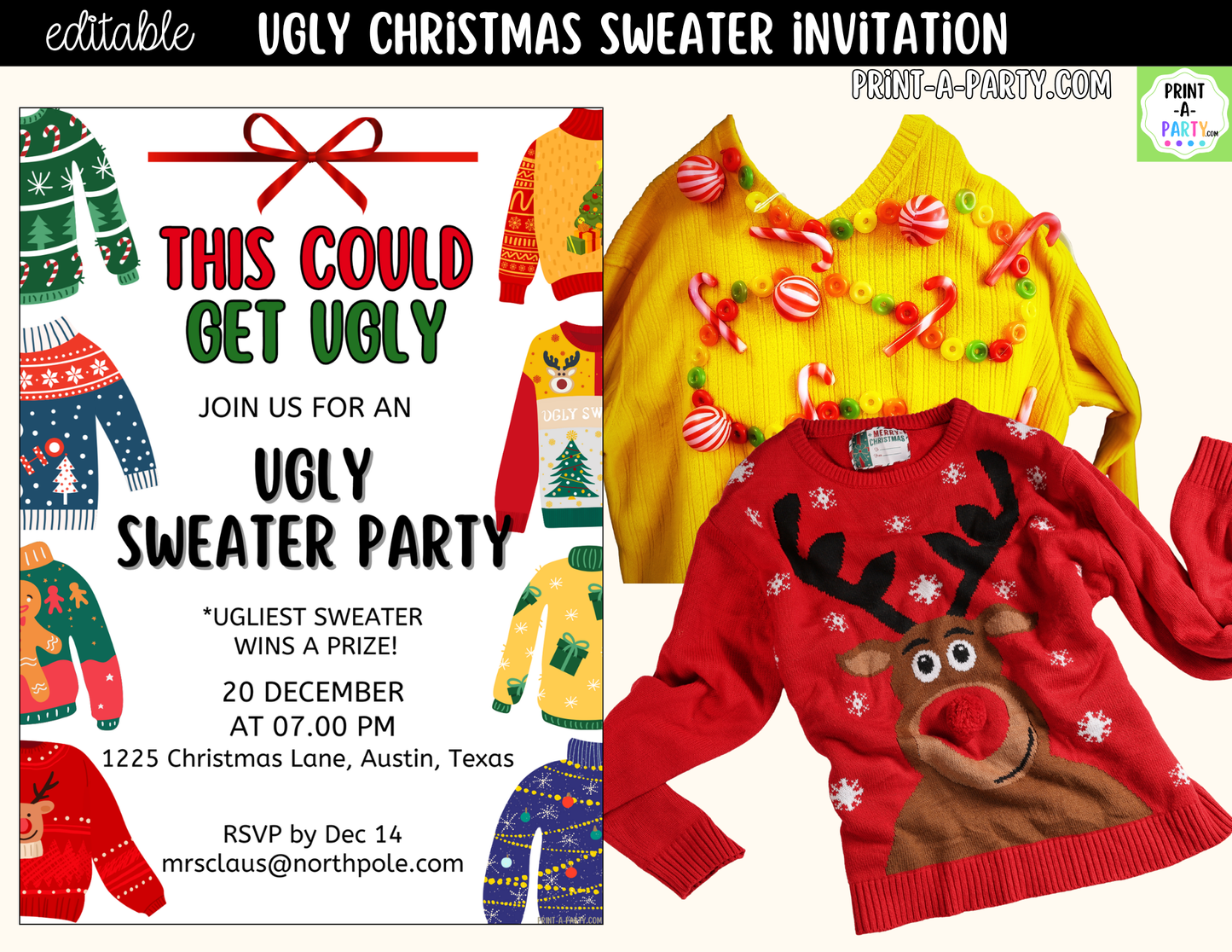 Ugly Christmas Sweater Party Invitation | Editable Canva Holiday Party Invite