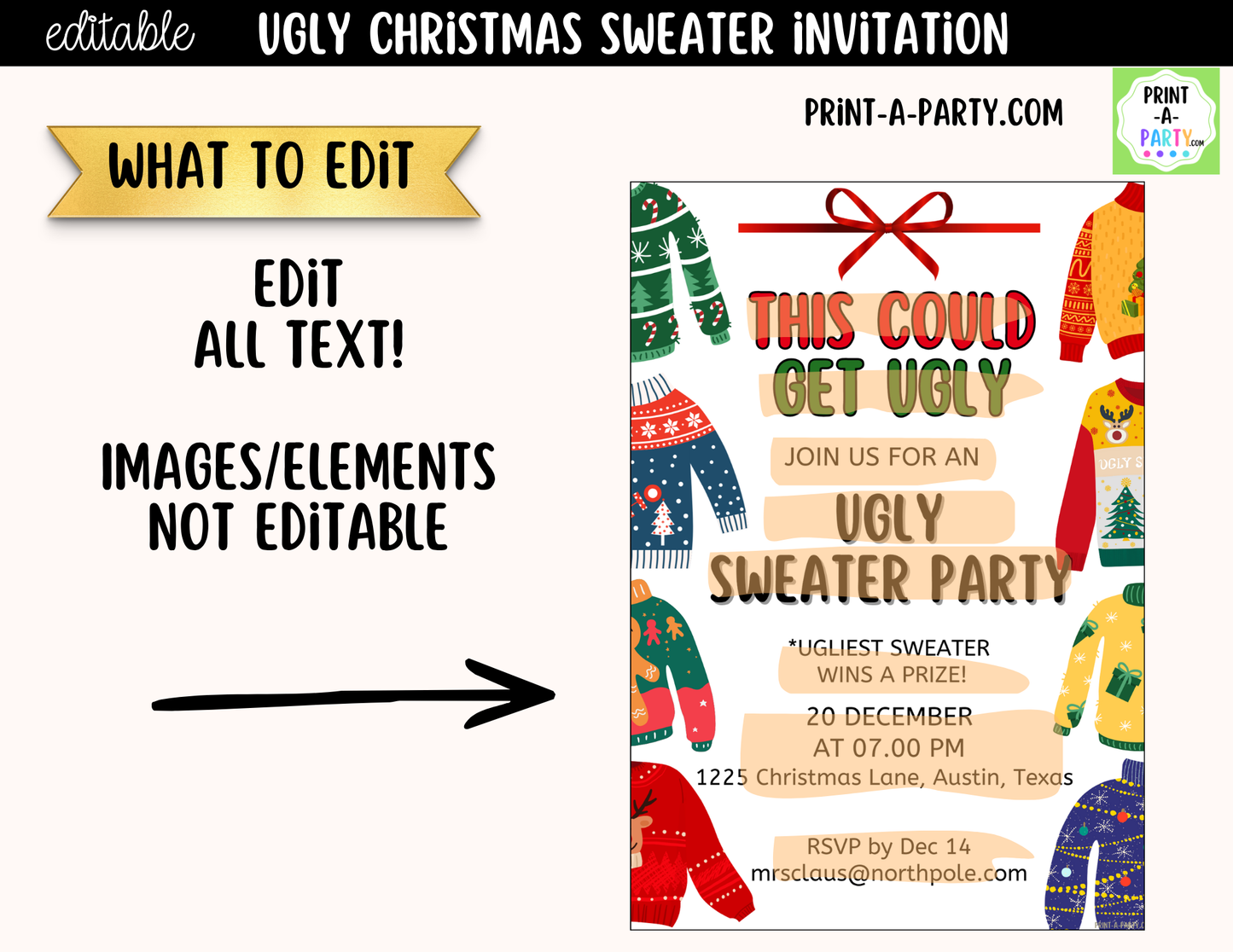 Ugly Christmas Sweater Party Invitation | Editable Canva Holiday Party Invite