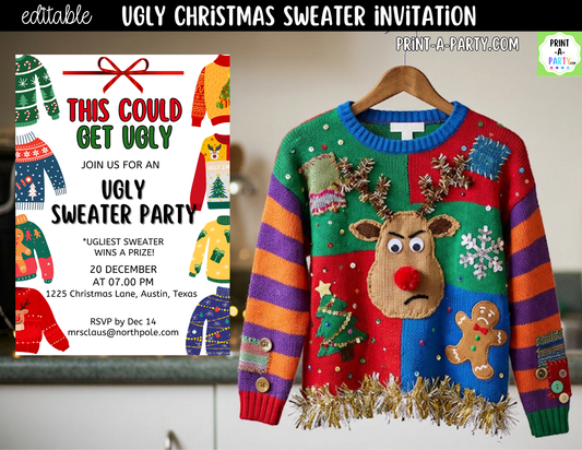 Ugly Christmas Sweater Party Invitation | Editable Canva Holiday Party Invite