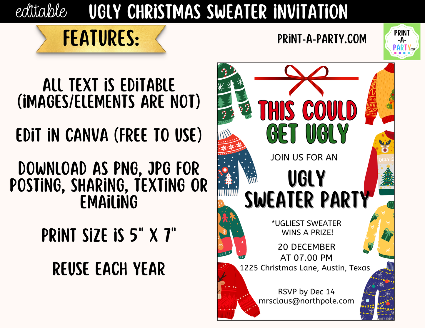 Ugly Christmas Sweater Party Invitation | Editable Canva Holiday Party Invite