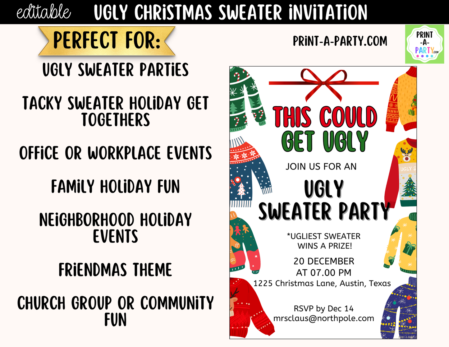 Ugly Christmas Sweater Party Invitation | Editable Canva Holiday Party Invite