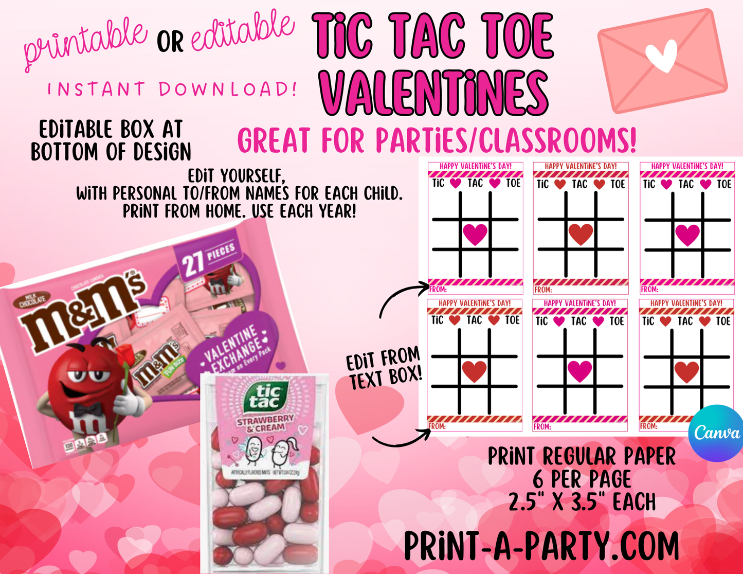 Valentine EDITABLE TEMPLATE: TIC TAC TOE VALENTINE CARD - Customizable Cards for Kids, Classrooms, and Parties