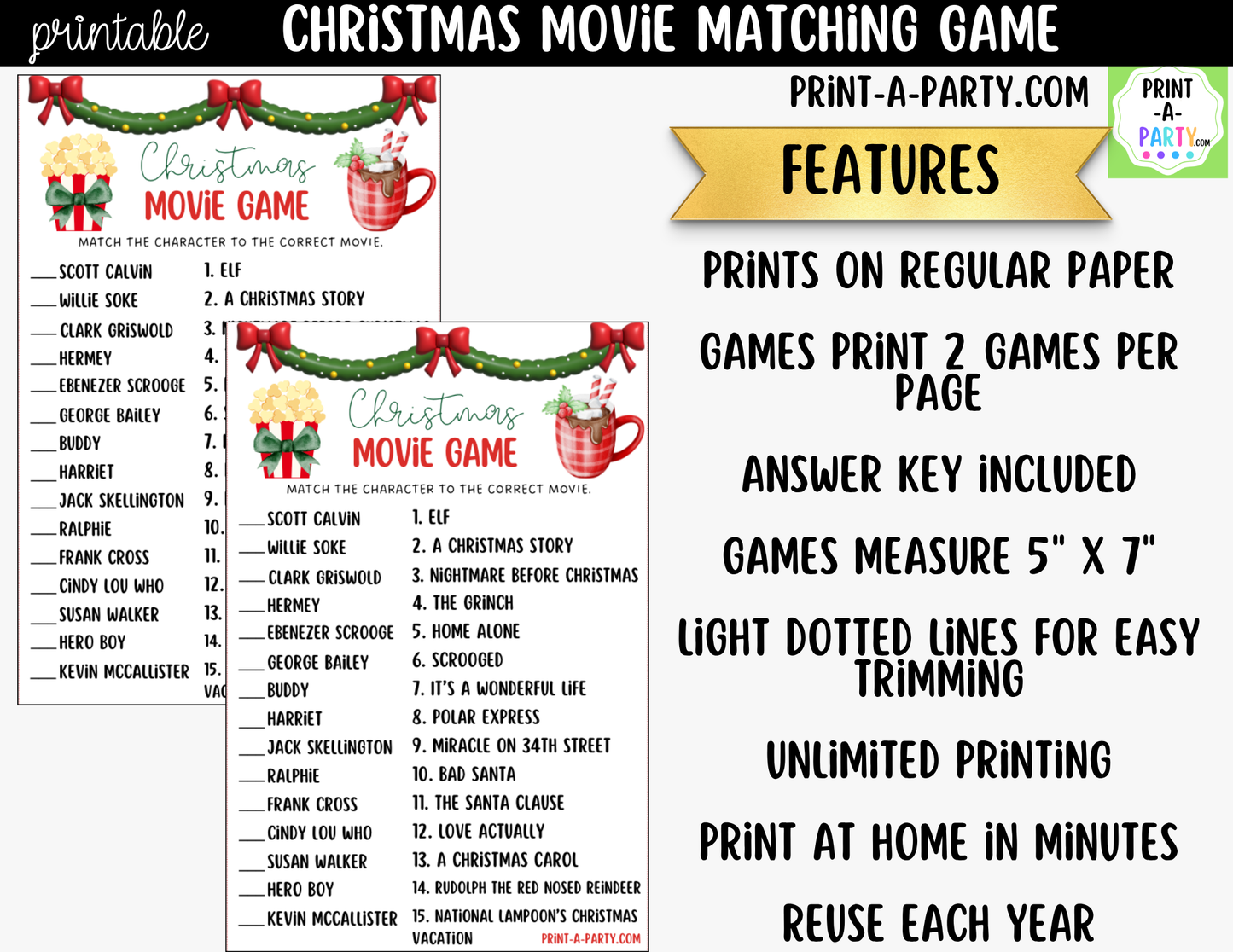 Christmas Movie Matching Game Printable | Holiday Party Game for Families, Kids & Adults