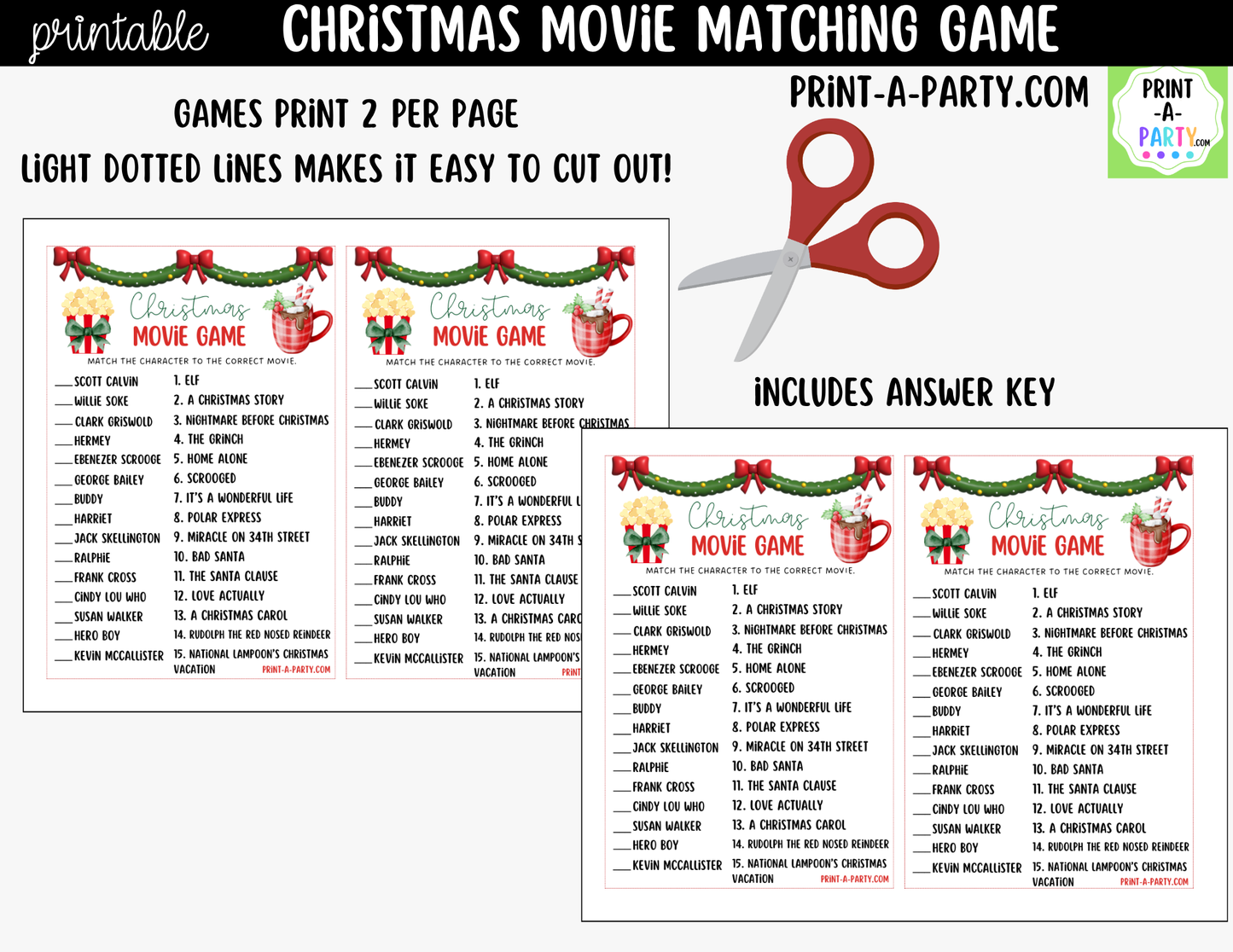Christmas Movie Matching Game Printable | Holiday Party Game for Families, Kids & Adults