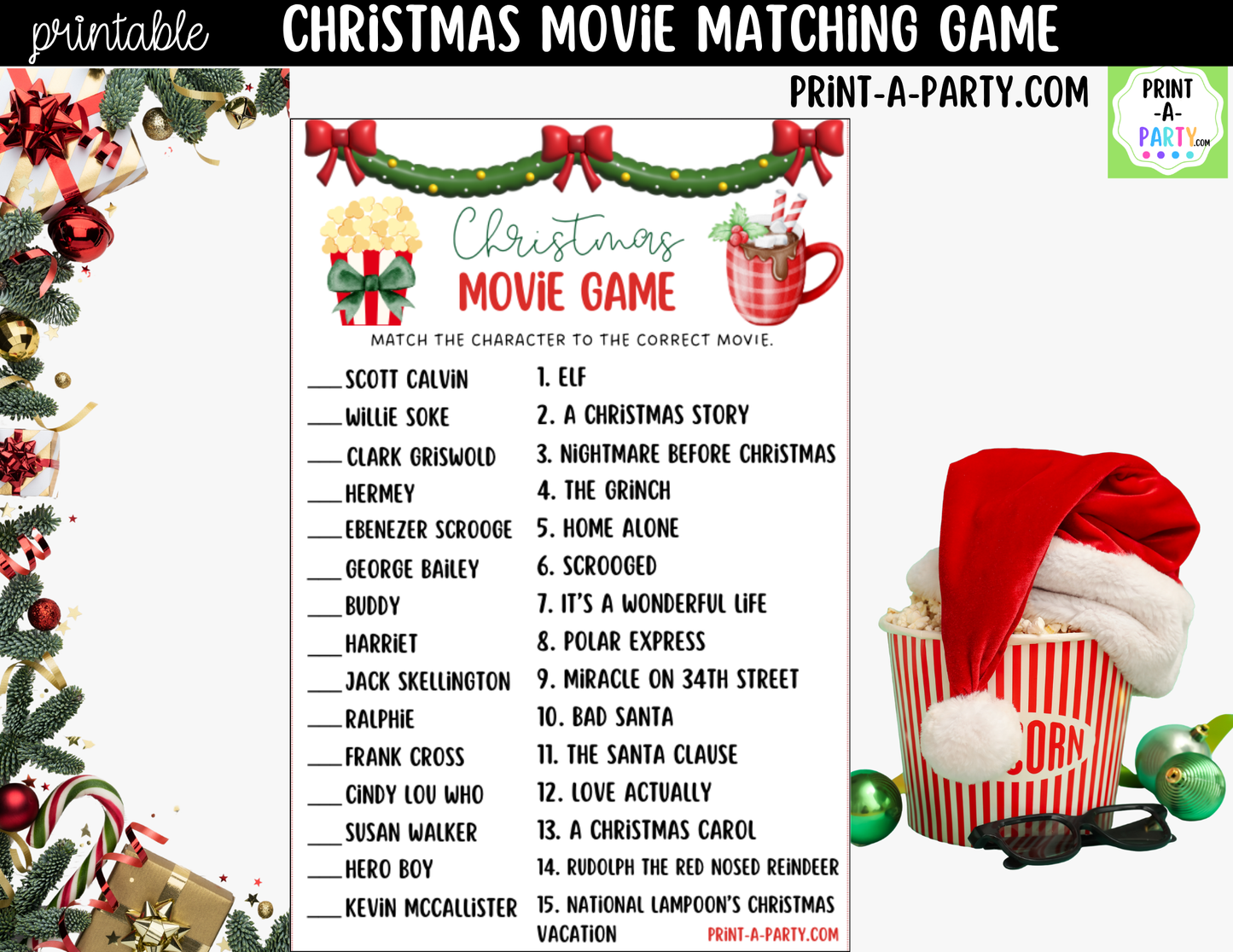 Christmas Movie Matching Game Printable | Holiday Party Game for Families, Kids & Adults