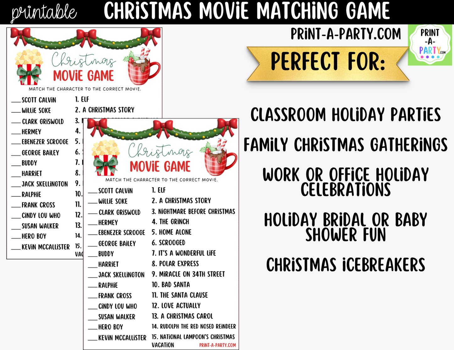 Christmas Movie Matching Game Printable | Holiday Party Game for Families, Kids & Adults