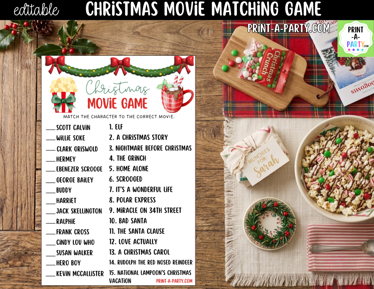 Christmas Movie Matching Game Printable | Holiday Party Game for Families, Kids & Adults
