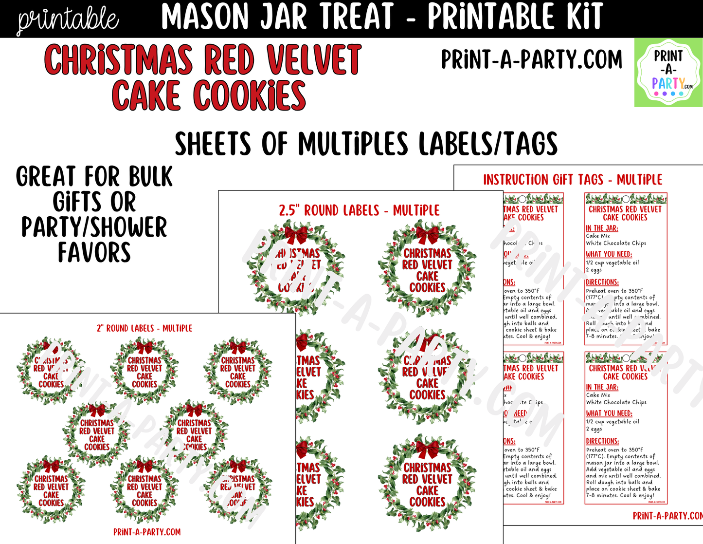Christmas Red Velvet Cake Cookies in a Mason Jar Gift Printable Kit - Labels, Tag, Recipe & Instructions
