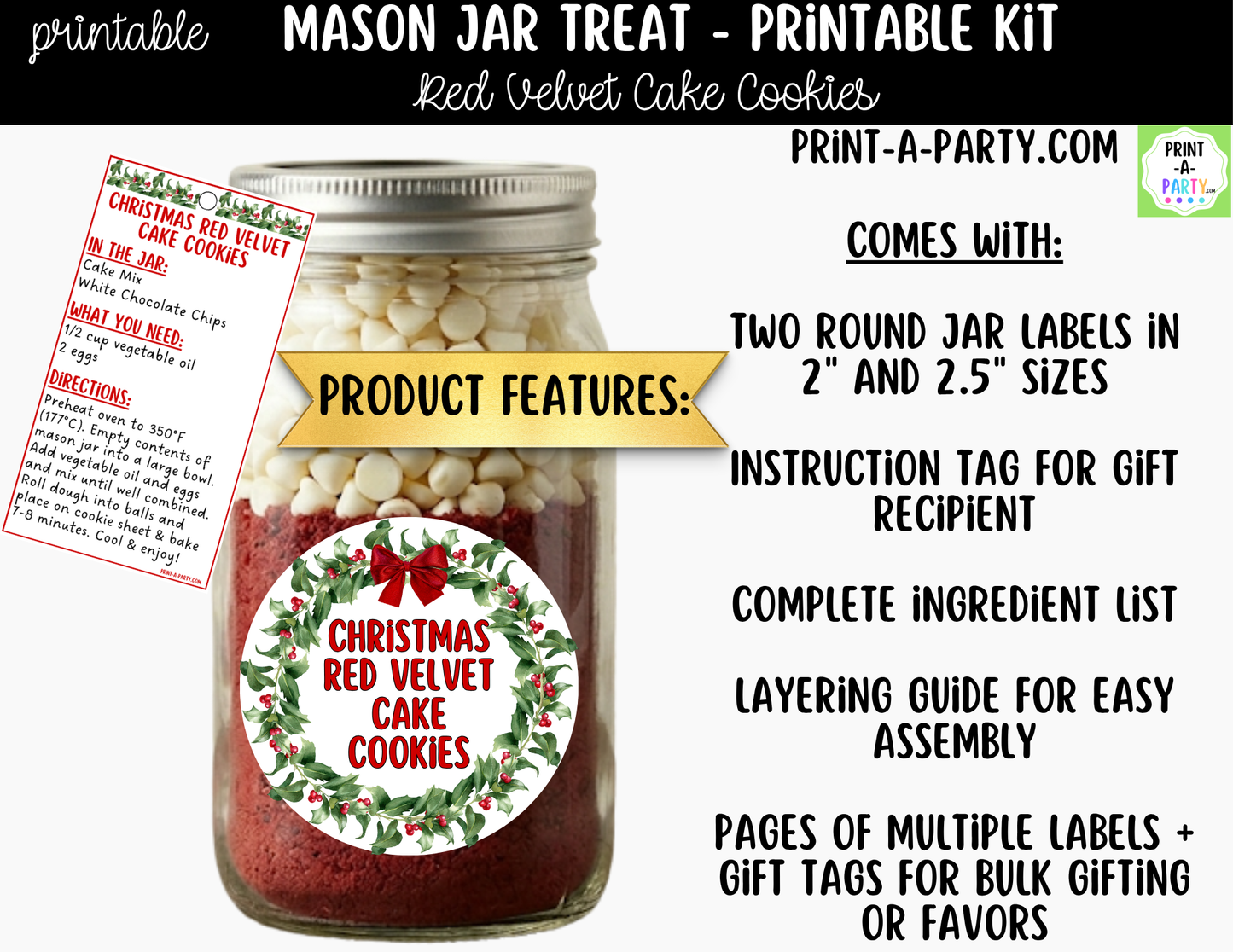 Christmas Red Velvet Cake Cookies in a Mason Jar Gift Printable Kit - Labels, Tag, Recipe & Instructions