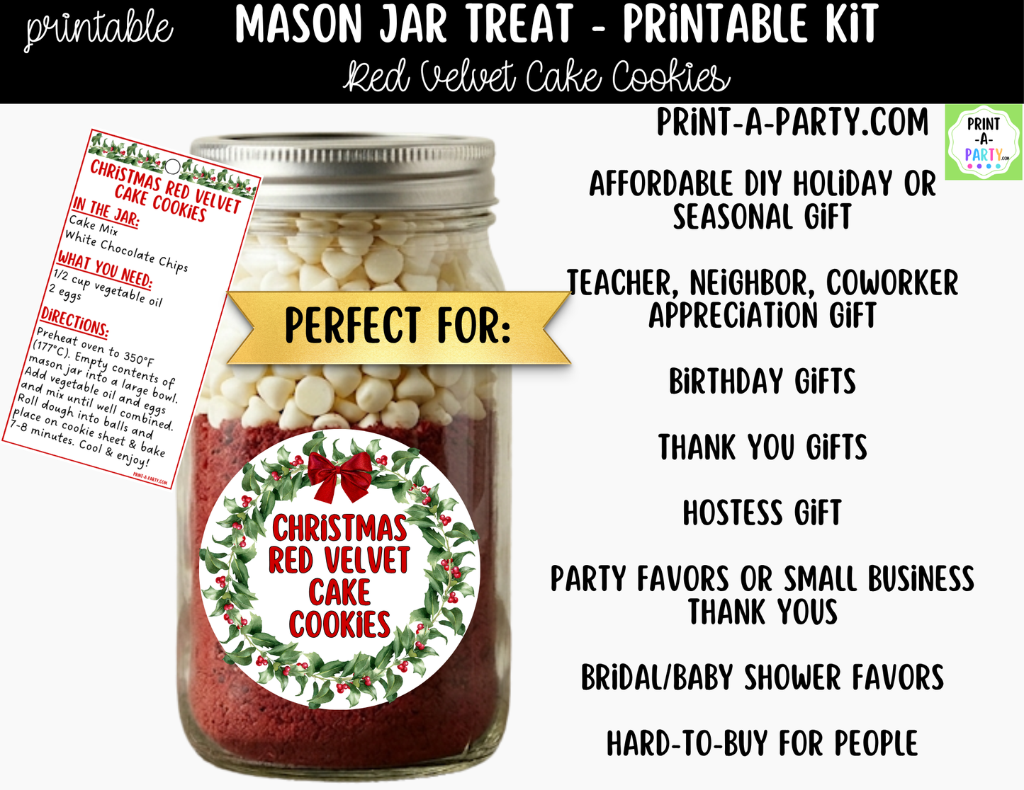 Christmas Red Velvet Cake Cookies in a Mason Jar Gift Printable Kit - Labels, Tag, Recipe & Instructions