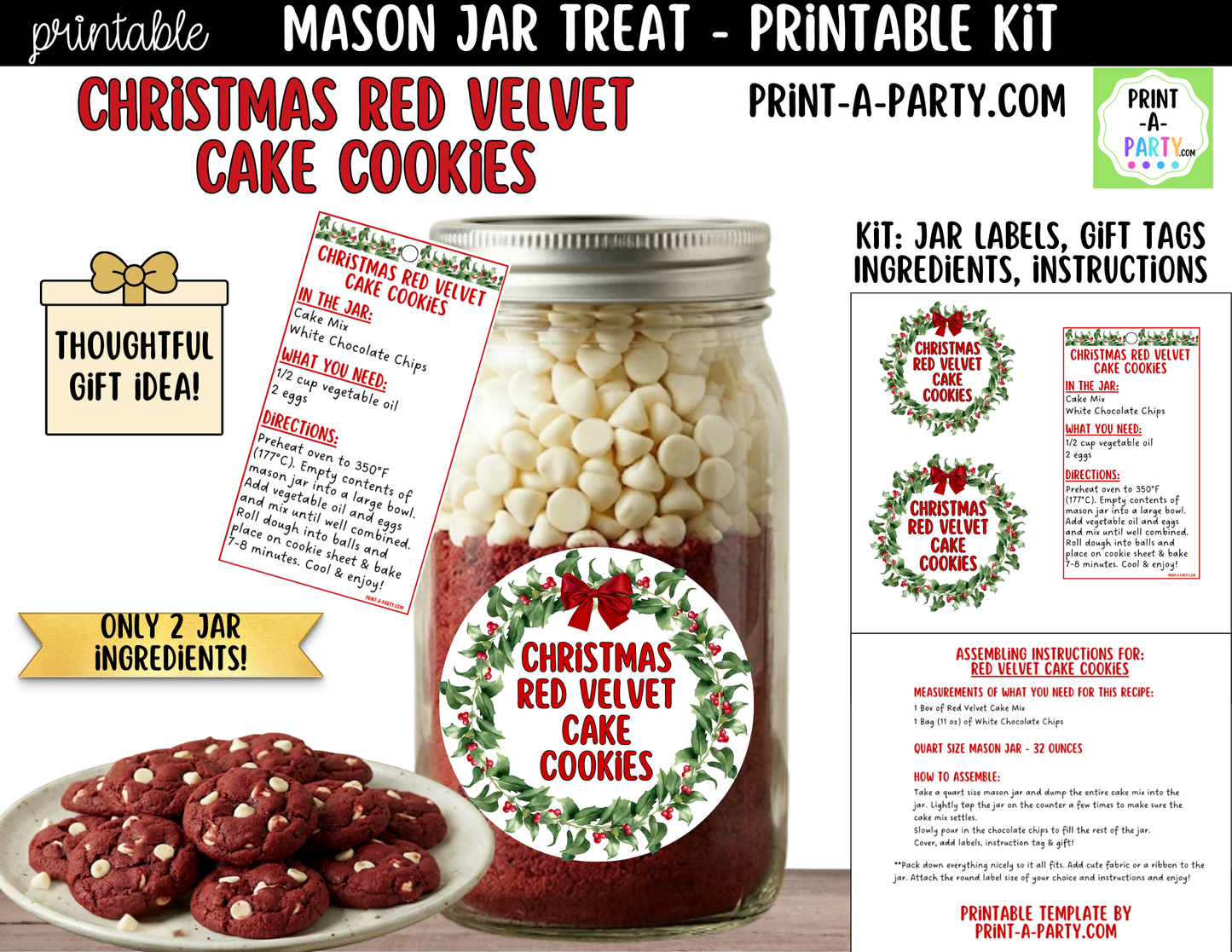 Christmas Red Velvet Cake Cookies in a Mason Jar Gift Printable Kit - Labels, Tag, Recipe & Instructions