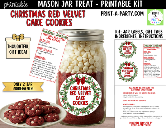 Christmas Red Velvet Cake Cookies in a Mason Jar Gift Printable Kit - Labels, Tag, Recipe & Instructions