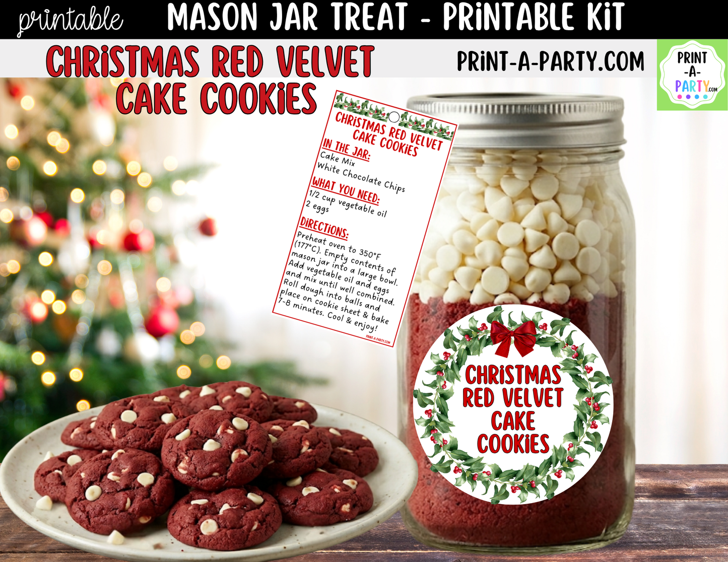 Christmas Red Velvet Cake Cookies in a Mason Jar Gift Printable Kit - Labels, Tag, Recipe & Instructions