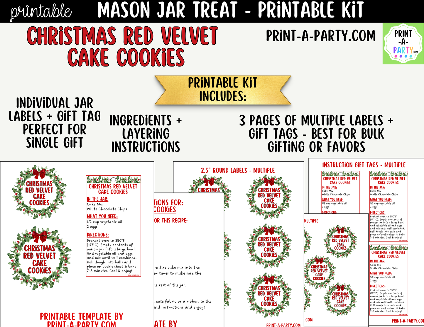 Christmas Red Velvet Cake Cookies in a Mason Jar Gift Printable Kit - Labels, Tag, Recipe & Instructions