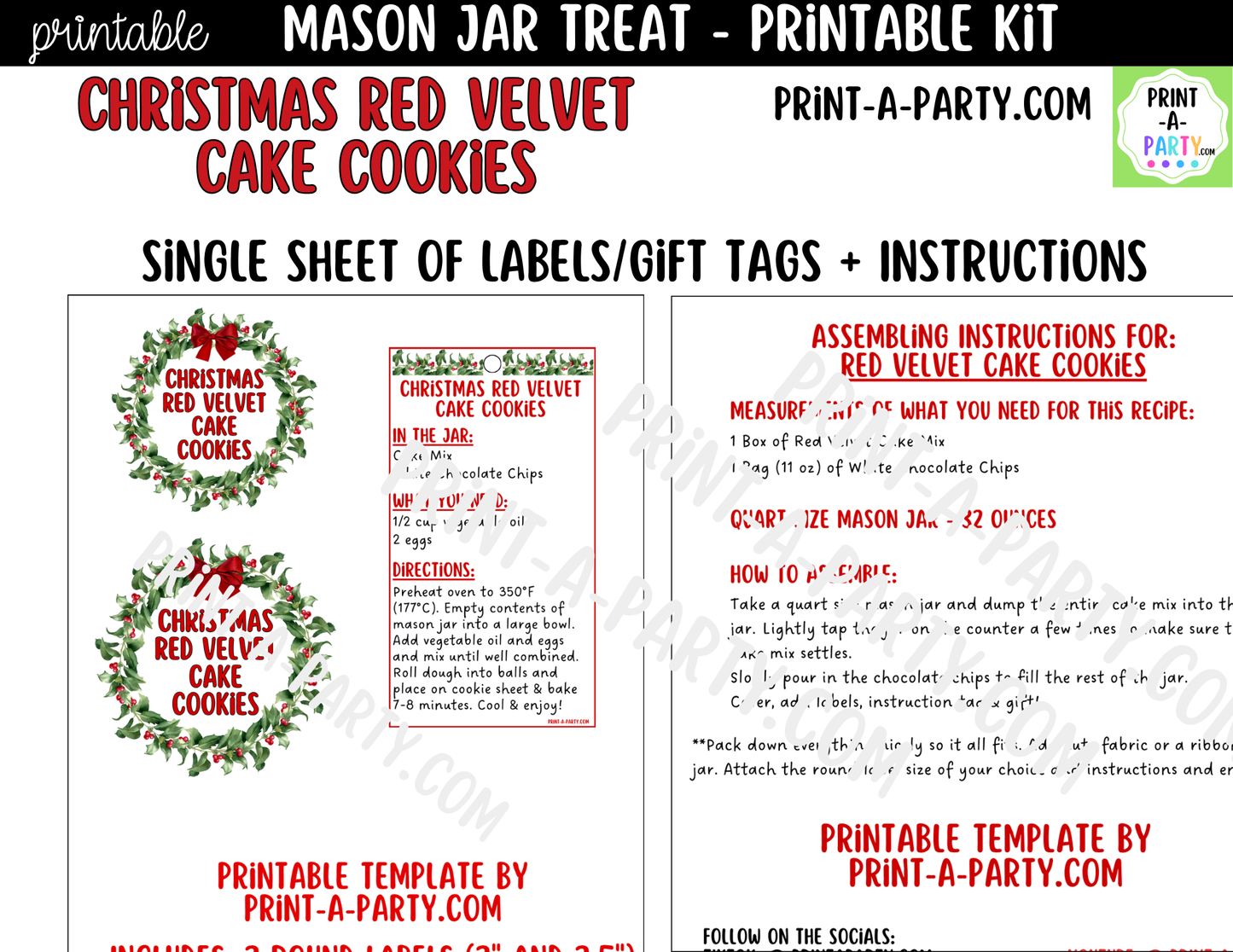 Christmas Red Velvet Cake Cookies in a Mason Jar Gift Printable Kit - Labels, Tag, Recipe & Instructions