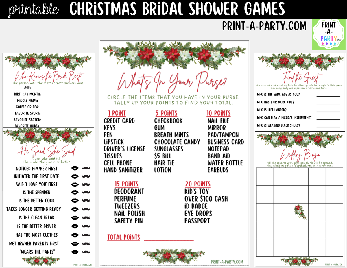 Christmas Bridal Shower Games Printable - Holiday Wedding Shower Game Bundle