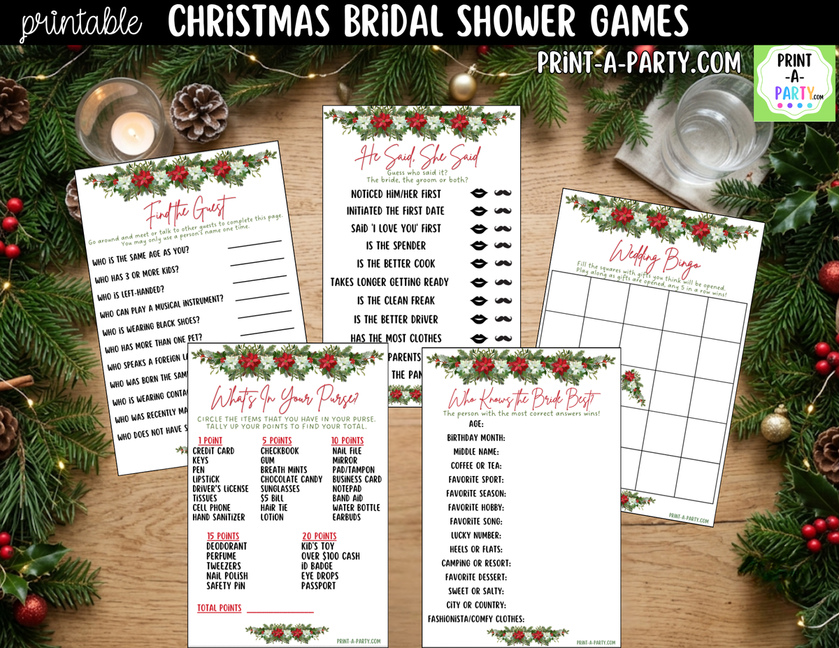 Christmas Bridal Shower Games Printable - Holiday Wedding Shower Game Bundle