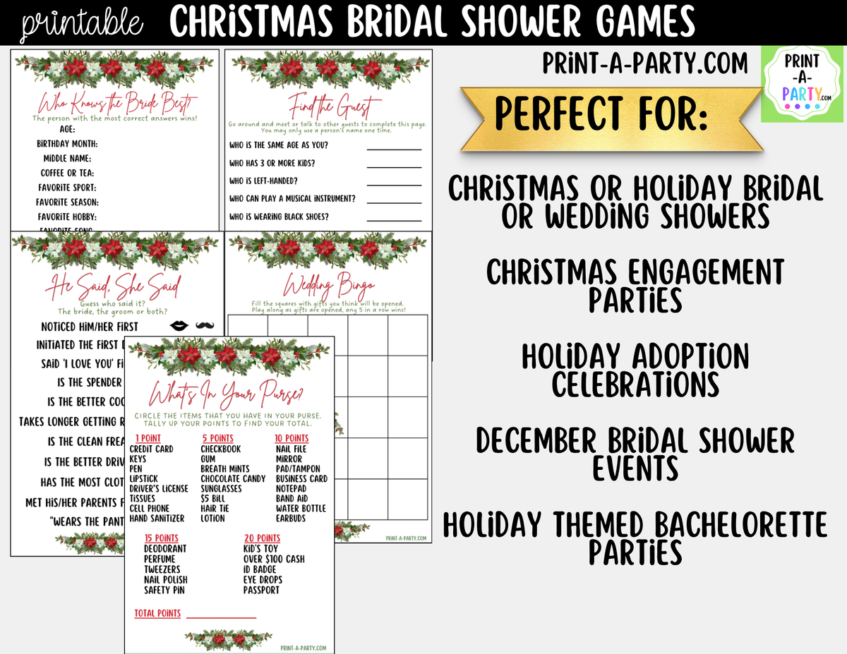Christmas Bridal Shower Games Printable - Holiday Wedding Shower Game Bundle