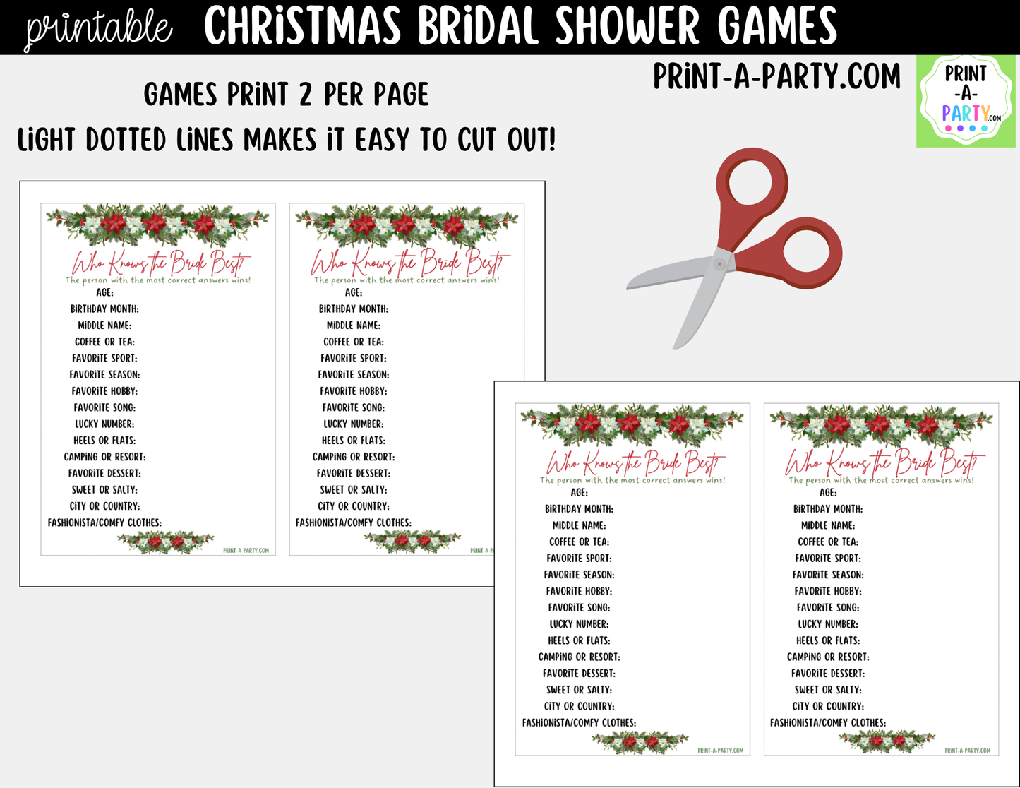 Christmas Bridal Shower Games Printable - Holiday Wedding Shower Game Bundle