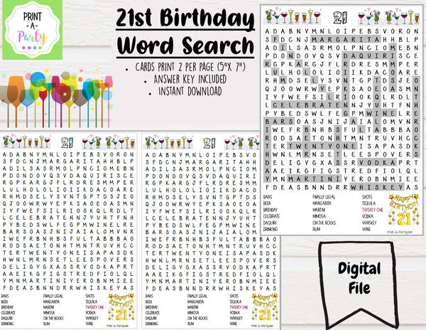 WORD SEARCH: 21st Birthday | Printable Party Game | INSTANT DOWNLOAD