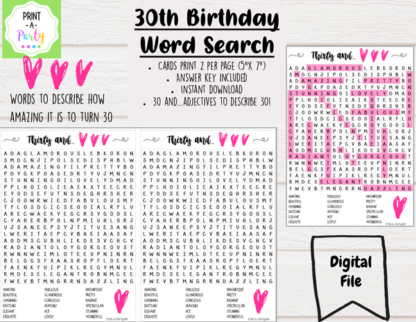 WORD SEARCH: 30th Birthday | "30 and" | Printable Game | INSTANT DOWNLOAD