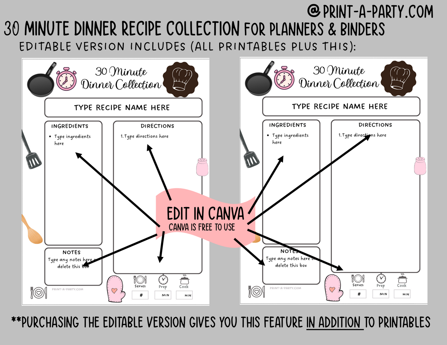 DIY Cookbook | 30 MINUTE DINNER Recipe Collection | PRINTABLE OR EDITABLE | Planner and Binder Size | Meal Plan | Planner Recipes | Binder Recipes