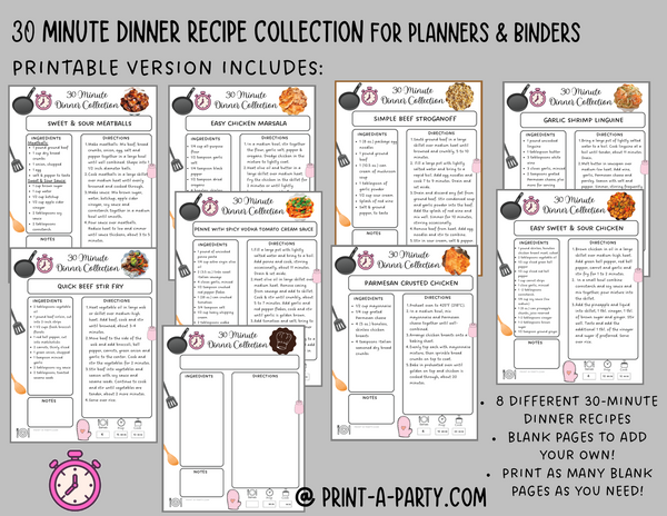 DIY Cookbook | 30 MINUTE DINNER Recipe Collection | PRINTABLE OR EDITABLE | Planner and Binder Size | Meal Plan | Planner Recipes | Binder Recipes