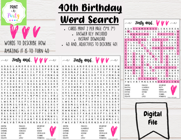 WORD SEARCH: 40th Birthday | "40 and" | Printable Party Game | INSTANT DOWNLOAD