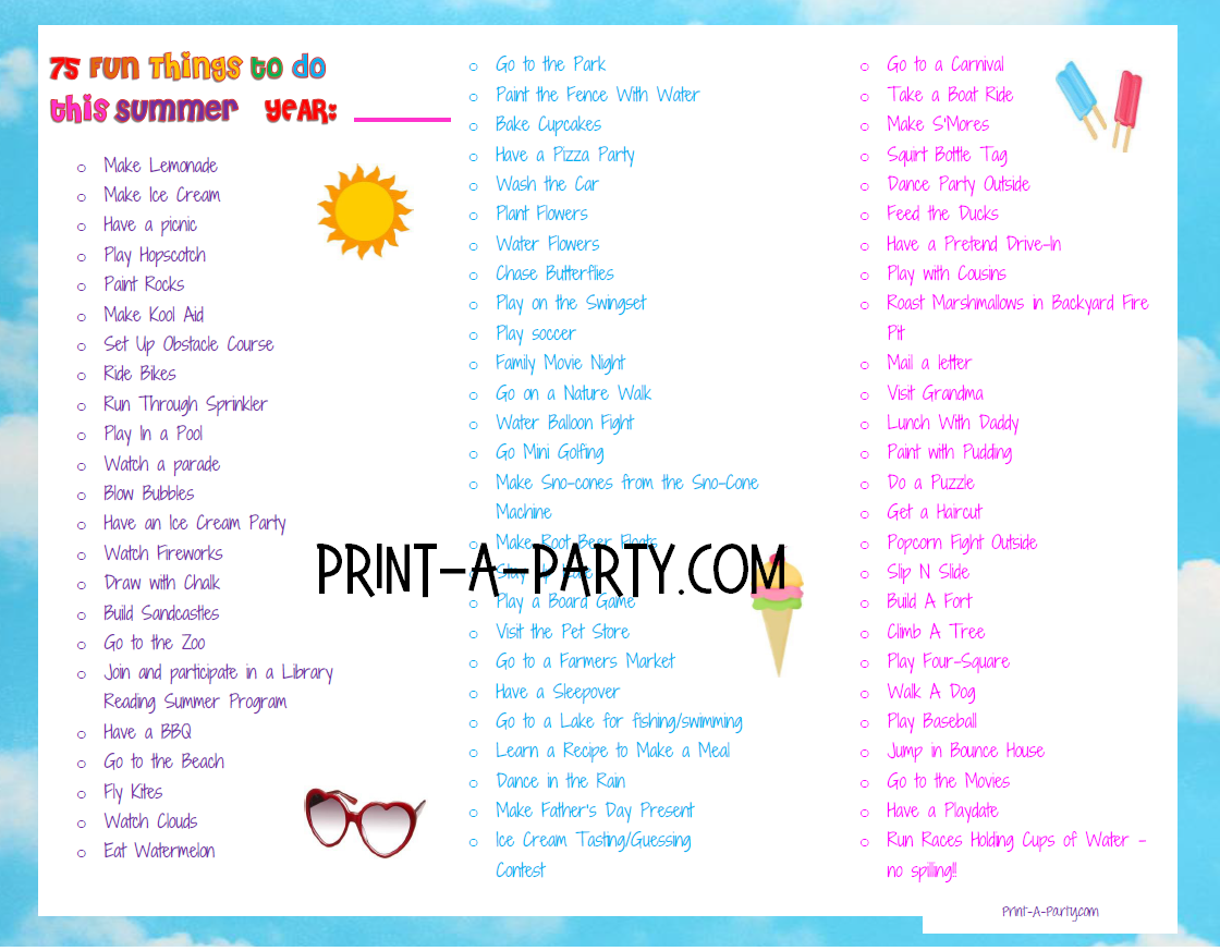 75 Summer Activities Checklist Printable - FREE INSTANT DOWNLOAD