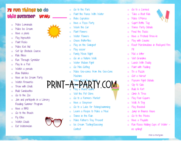 Free Summer Activities Checklist - Print and have fun this summer! –  PrintAParty