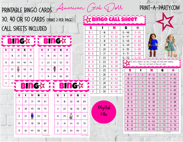 BINGO: American Girl Doll |  Parties | Birthday | Classroom | 30, 40, or 50 cards - INSTANT DOWNLOAD