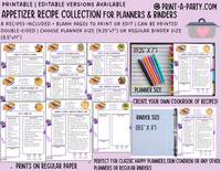 DIY Cookbook | APPETIZER Recipe Collection | Printable or Editable | Planner and Binder Size | Meal Plan | Planner Recipes | Binder Recipes